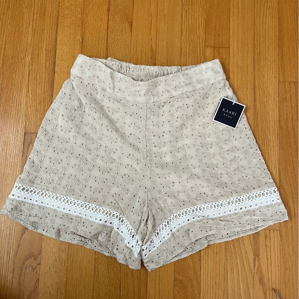 Kaari Blue Cream Lace Trim High Waist Shorts